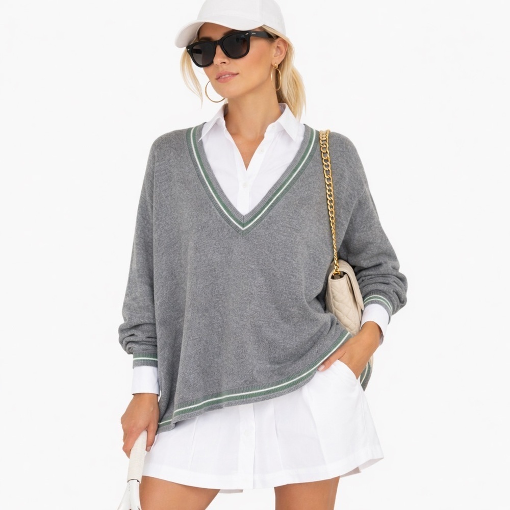 House of Harlow Varsity V-neck Preppy Oversized Poncho Sweater - Grey/Sage Green